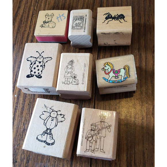 Lot of 8 Whimsical Figures & Animals Wood Mounted Rubber Stamps - Picture 1 of 16